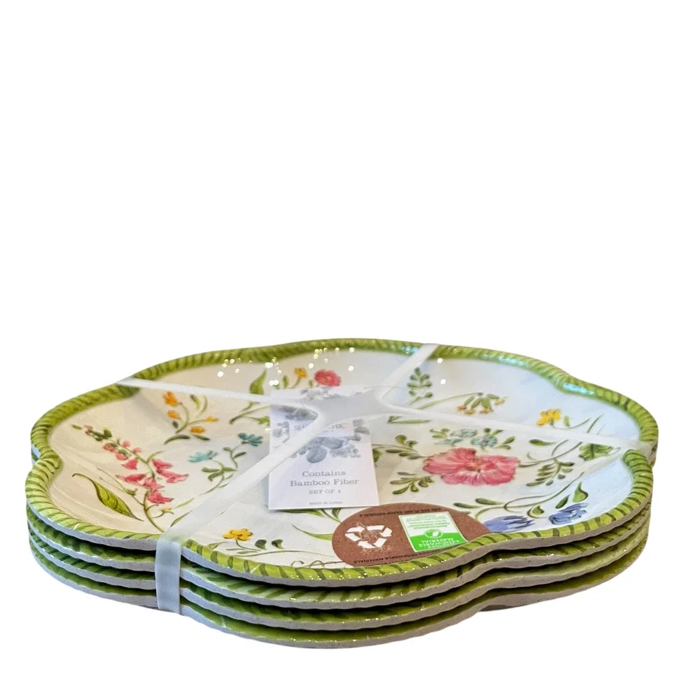 NEW Shabby Chic Floral Melamine Salad Plates 9in Set of 4 Scalloped Green Border